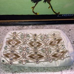 UEC Vintage Beaded Soft Sided Clutch white, silver, & gold w/tasseled zipper